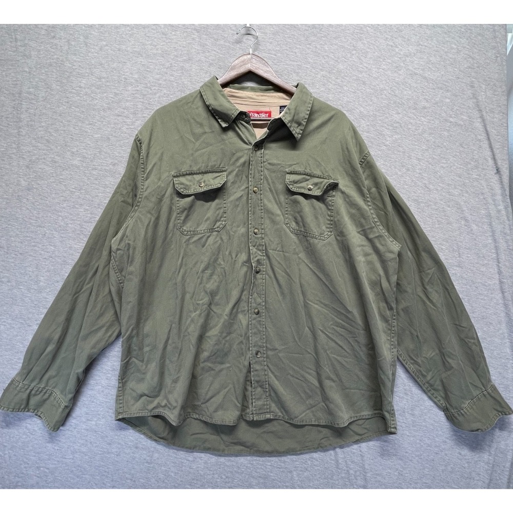 Wrangler Shirt Mens 2XL Olive Green Cotton Pleated Collared Button Up Workwear